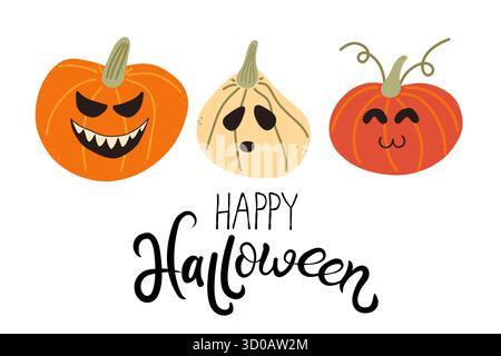Kürbisse und Zitat für Halloween. Isolierte Vektorillustration für saisonales Design von Postkarten, Bannern, Plakaten. Stock Vektor