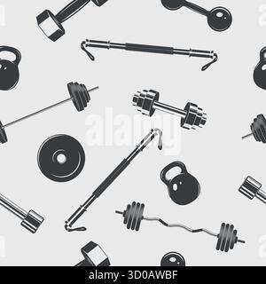 Nahtloses Muster Für Fitnessgeräte, Vektor-Illustration. Kurzhantel und Barbell Hintergrund mit Kettlebell, Platten, gerade Bar. Fitnessausrüstung Wiederholen Der Kachel Stock Vektor