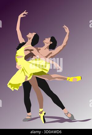 Vektor-Illustration von zwei Balletttänzern in einer leidenschaftlichen und eleganten Pose auf einem lila Hintergrund Stock Vektor