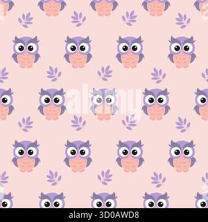 Nahtloses Muster mit süßen Eulen und Blättern. Stock Vektor