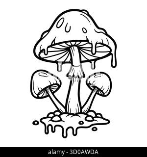 Psychedelic schmelzende Pilze Schwarzer und weißer Cartoon Stock Vektor