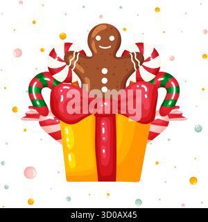 Festliche gelbe Weihnachts-Geschenkbox mit großer roter Schleife gefüllt mit Weihnachtsbonbons. Mit einem lächelnden Lebkuchenmännchen-Keks und bunten gestreiften Süßigkeiten Stock Vektor