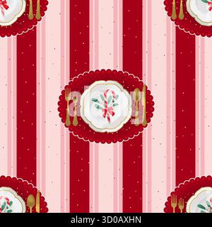 Elegantes, nahtloses Muster mit Weihnachtstafeln, serviert mit festlichen Dekorationen. Vektorabbildung in einem strukturierten Stil Stock Vektor