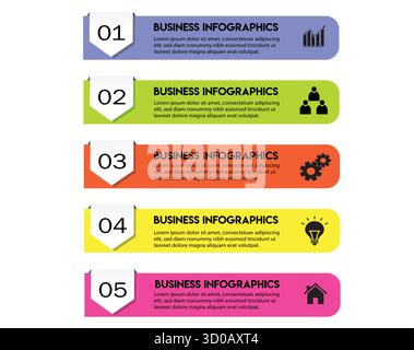 Farbenfrohe Vorlage für Business-Infografiken mit fünf Schritten, nummerierten Bannern, Symbolen und Textfeldern für Präsentation, Workflow, Prozessdiagramm und Datenvisualisierung Stock Vektor
