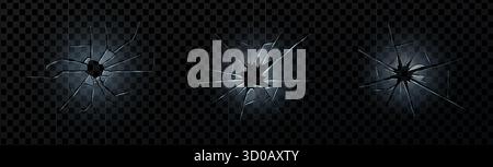 Beschädigte Scheibe mit zersplittertem Glas und transparentem Schmutz. Realistischer Spiegelriss mit Kugelloch und abstrakter Textur. Ideal für Reparaturen, Vandalismus, Stock Vektor