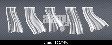 Fließendes Fenster-Vorhangtuch-Set mit realistischen Stofffalten. Schwungvolle weiße, transparente Vorhänge, transparentes, leichtes Textil, das im Wind oder im Wind weht, für Innendekoration und Wohndesign. Stock Vektor