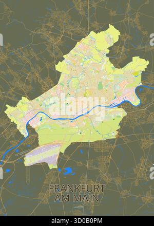 Dies ist eine detaillierte Karte von Frankfurt am Main, Deutschland. Die Karte zeigt ein Netz von Straßen und Straßen in Hellbraun vor dunklem Hintergrund. Stock Vektor