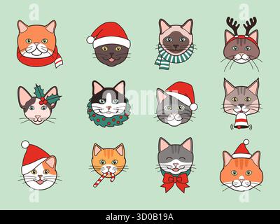 Set glücklicher Katzengesichter mit Weihnachtsdekoration, isoliert Stock Vektor