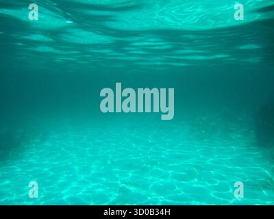 Klare türkisfarbene Unterwasseransicht mit sonnendurchfluteten Wellen und sandigem Meeresboden Stockfoto
