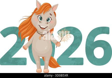 Ein niedliches Cartoon-Pferd und Text 2026. Perfekt für Urlaubs- und Wintermotive. Stock Vektor