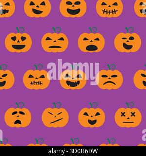 Halloween-Kürbisse mit nahtlosem Muster und süßem Smiley-Gesicht. Vektorabbildung. Stock Vektor