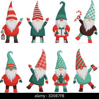 Set von niedlichen Weihnachtszwergen in verschiedenen Positionen und mit verschiedenen Objekten, isoliert Stock Vektor