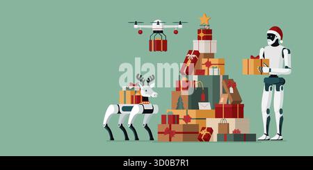 AI Roboter Weihnachtsmann, Roboter Rentier und Drohne liefern Weihnachtsgeschenke, Banner mit Kopierraum Stock Vektor