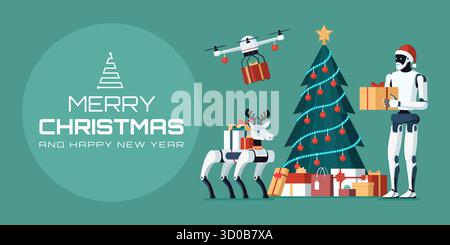 Weihnachtsbanner mit Wünschen, dekoriertem Baum, robotergesteuertem Weihnachtsmann, Roboter-Rentier und Drohne Stock Vektor