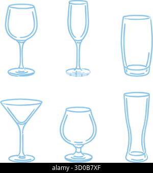 Mehrere Glasformen, darunter Weinflöte Martini Coupé und Highball, sind als Referenztafel angeordnet Stock Vektor