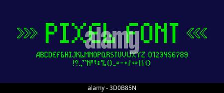 Pixel Game Art einfaches Alphabet. Grüne Buchstaben, Symbole und Zahlen. Stock Vektor