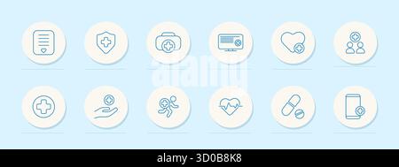 Symbol für Medizinset. Dokument, Shield, Kit, Monitor, Herz, Gruppe, Kreuz, Hand, Läufer, Puls, Pillen, Telefon Gesundheitspflege medizinischer Schutz Menschen entstehen Stock Vektor