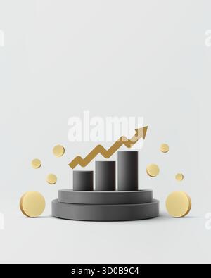 Modernes 3D-Diagramm mit dunkelgrauem Stufendiagramm mit goldenem Aufwärtspfeil und verstreuten Münzen, das Geschäftswachstum, Investitionserfolg und f symbolisiert Stock Vektor