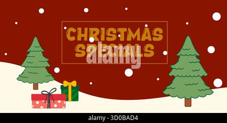 Rotes festliches Banner für Weihnachtsangebote mit gemütlicher Winterszene mit handgezeichneten Tannen, fallendem Schnee, verschneiten Böden und Geschenkboxen. Perfekt Stock Vektor