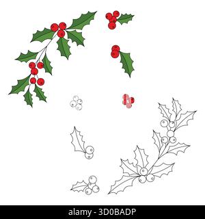 Weihnachtliche Stechpalmenblätter und Beeren Vektorset Farb- und Umrissvariationen Stock Vektor