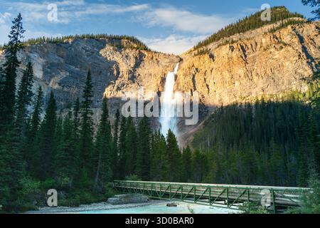 Atemberaubender Wasserfall, der einen felsigen Berg hinunterstürzt und den Fluss darunter überbrückt. Takakkaw Falls, BC Stockfoto