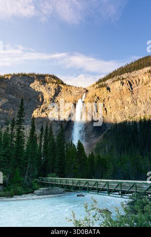 Atemberaubender Wasserfall, der einen felsigen Berg hinunterstürzt und den Fluss darunter überbrückt. Takakkaw Falls, BC Stockfoto