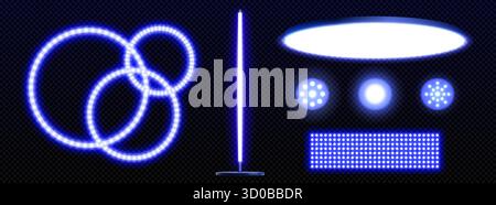 Blaue LED-Lichtstreifenelemente mit leuchtenden Neonkreisen, vertikalem Stab und Balken auf transparentem BG für moderne Dekoration. Punktmatrix-Panel mit runden Spots für Nachtclub- oder Unterhaltungsdesign. Stock Vektor