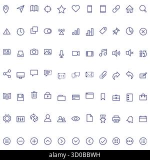 Eine umfassende Sammlung von Vektorsymbolen im universellen Konturstil, die für verschiedene Webanwendungen und Benutzeroberflächen entwickelt wurden. Dieser Satz enthält Symbole Stock Vektor