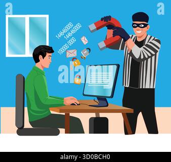 Achten Sie auf Cyberdiebstahl! Hacker können Ihre persönlichen Daten stehlen. Verwenden Sie sichere Passwörter, aktualisierte Virenschutzprogramme und bleiben Sie online wachsam Stock Vektor