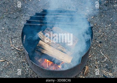 Feuerstelle im Freien brennt, Baumstämme knistern, rauchige Ranken im Freien. Takakkaw Falls, BC Stockfoto