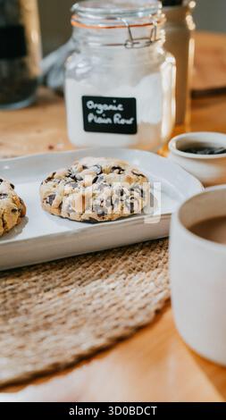 Ein Teller mit Keksen sitzt auf einem Tisch neben einem Glas Bio-Pekannussmehl. Eine Tasse Kaffee steht auch auf dem Tisch. Konzept von Komfort und Genuss, wie es Stockfoto