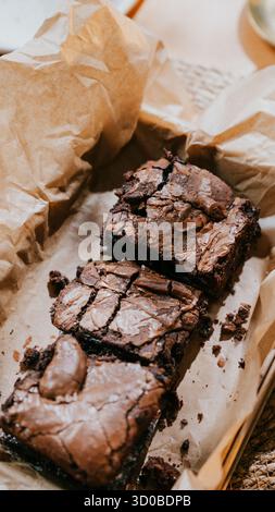 Eine Schachtel Brownies sitzt auf einer braunen Papiertüte. Die Brownies sind in kleine Quadrate geschnitten und scheinen köstlich zu sein Stockfoto