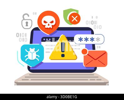 Hackerangriffskonzept für Cybersicherheit. Warnung vor Computerviren oder Malware. Internet-Sicherheit und Datenschutz Stock Vektor