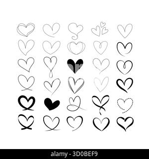 Set aus handgezeichneten Herzen, Vektordesign-Elementen in verschiedenen Formen und Stilen Stock Vektor