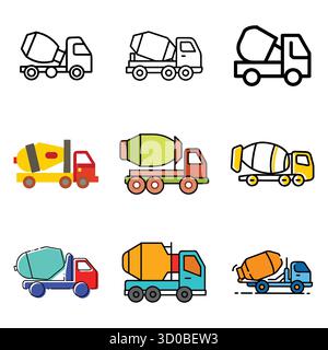 Betonmischer Truck-Symbol und Vektorsatz Stock Vektor