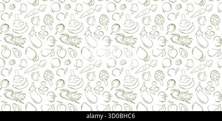 Nahtloses Muster mit Obst und Gemüse im Linienart-Stil auf weißem Hintergrund. Design für gesunde Lebensmittel Paket, Bio Bauernhof Frischprodukte Thema. Stock Vektor