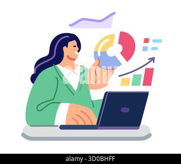 Geschäftsfrau, die an Notebooks arbeitet und mithilfe von Grafiken das Geschäftswachstum analysiert. Datenanalyse, E-Commerce-Präsentation Stock Vektor