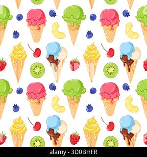Nahtloses Muster mit farbenfroher Eiskegel mit Kiwi, Himbeere, Kirsche, Heidelbeere und Ananas in flacher Form. Stock Vektor