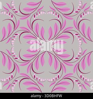 Nahtloses, quadratisches, diagonales Blumenmuster. Mandala aus rosa geschwungenen Blättern und Blumen im klassischen Stil. Pflanzen Sie Mandala auf grauem Hintergrund. Zarte Feder Stock Vektor