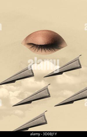 Banner 3D Bild Pop Trend Collage des menschlichen Augapfels geschlossen Freimaurer Freak Konzept Look Papier Flugzeug Flug Surrealismus Foto Stockfoto