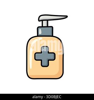 Handgezeichnete Doodle-Illustration einer Desinfektions- oder Desinfektionsflasche mit einer Pumpe in flacher Vektorform. Perfekt für Hygiene, Gesundheitswesen, Kosmetik und Stock Vektor