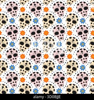 Bunte Zuckerschädel mit Blumen und Punkten nahtlose mexikanische Feierlichkeiten im Hintergrund. Isolierte Vektor-Illustration Tag der Toten Grüße Hintergrund Banner, Faltblatt, Etikett, Preisschild Stock Vektor