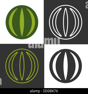 Stilisierte Illustrationen von Wassermelone in verschiedenen Line Art Designs zeigen die Fruchtform und Merkmale. Die Symbole verwenden einen minimalistischen Ansatz, der für verschiedene Anwendungen geeignet ist. Stock Vektor