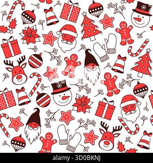Frohe Weihnachten nahtlose Muster Hintergrund mit Dekorationen und fröhlichen Charakteren Stock Vektor