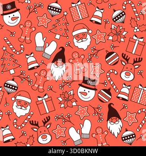 Frohe Weihnachten nahtlose Muster Hintergrund mit Dekorationen und fröhlichen Charakteren Stock Vektor
