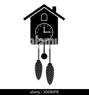 Vintage-Kuckucksuhr in schwarzer Silhouette mit Gewichten und Pendel. Stock Vektor