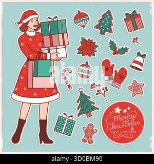Sammlung verschiedener Weihnachtsaufkleber im Vintage-Stil mit weiblichem Weihnachtsmann und Dekoration Stock Vektor