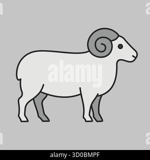 Minimalistisches Graustufensymbol eines weißen Widders mit Hörnern. Ideal für Vieh-, Farm-, Fleisch- oder landwirtschaftliche Symboldesigns. Stock Vektor