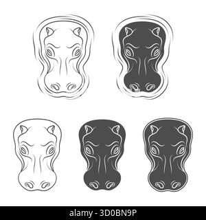 Satz von Schwarz-weiß-Illustrationen mit Nilpferden. Isolierte Vektorobjekte auf weißem Hintergrund. Stock Vektor