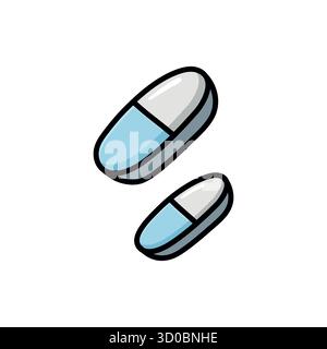Handgezeichnete Kritzelillustration von zwei blauen und weißen Kapseln in flacher Vektorform. Minimales und sauberes Design perfekt für Apotheke, Gesundheitswesen, Bildungswesen Stock Vektor